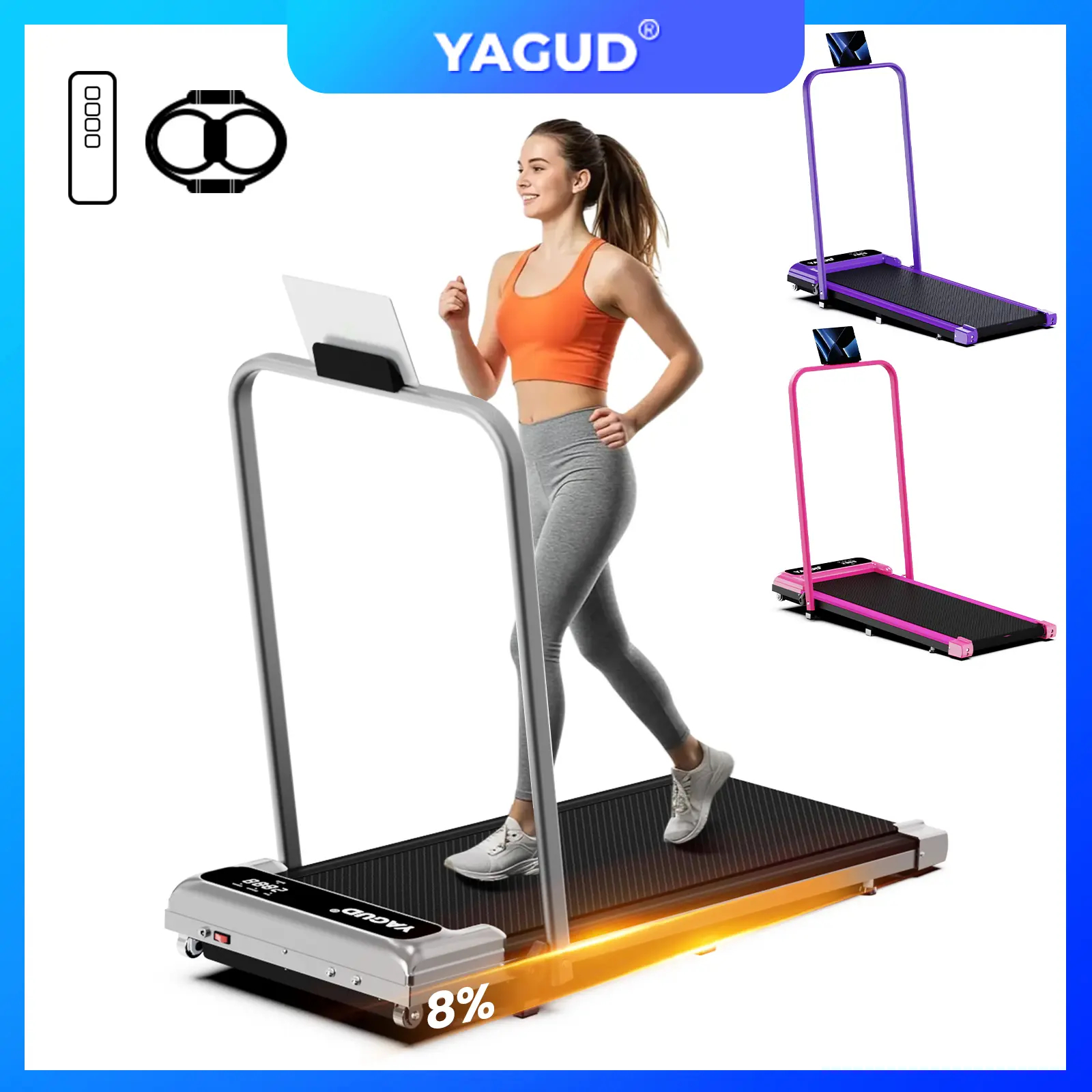 【Novedad】Cinta de correr eléctrica plegable con pasamanos y motor silencioso – Capacidad de peso de 265 lb, amplia superficie de carrera, doble sistema de amortiguación, control remoto y ruedas para un fácil desplazamiento – Incluye bandas de resistencia