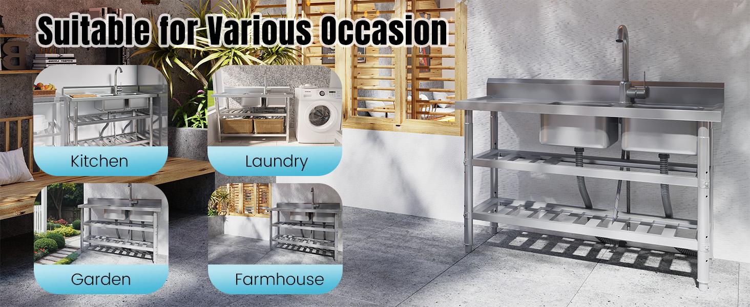 AECOJOY Stainless Steel Utility Sink Freestanding Outdoor Sink Station with Hose Hookup Small Tub for Garage Laundry Kitchen Farmhouse Practical Solution Organized Durability Compact Design