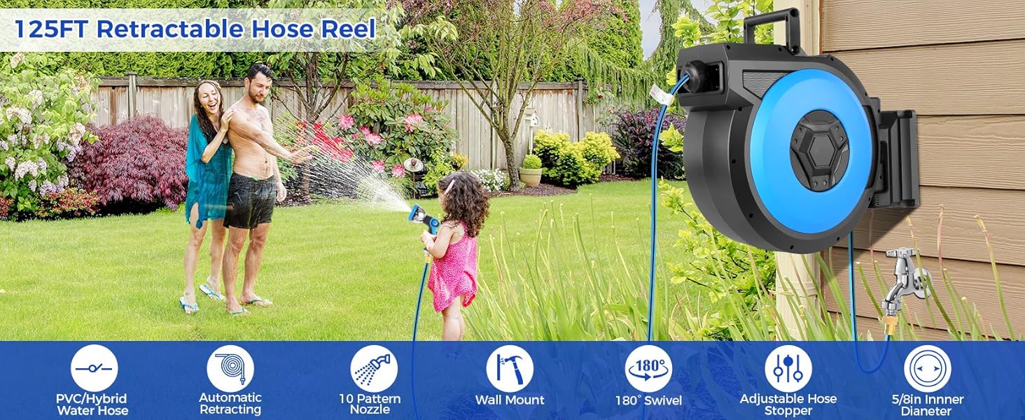 Retractable Hose Reel, Garden Hose Reel with 10-Function Sprayer Nozzle, Length Lock, Auto Rewind, 180&deg; Swivel, (5/8" x 82ft)/(1/2" x 100ft)/(1/2" x 125ft), for Yard Cleaning Plant Watering Lawncare