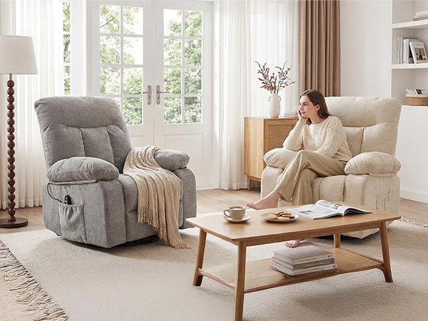 Rocker Recliner Chair, Swivel Recliner with Vibration Massage & Lumbar Heating, 270&deg; Rotating Chenille Fabric Recliner with footrest for Living Room & Bedroom