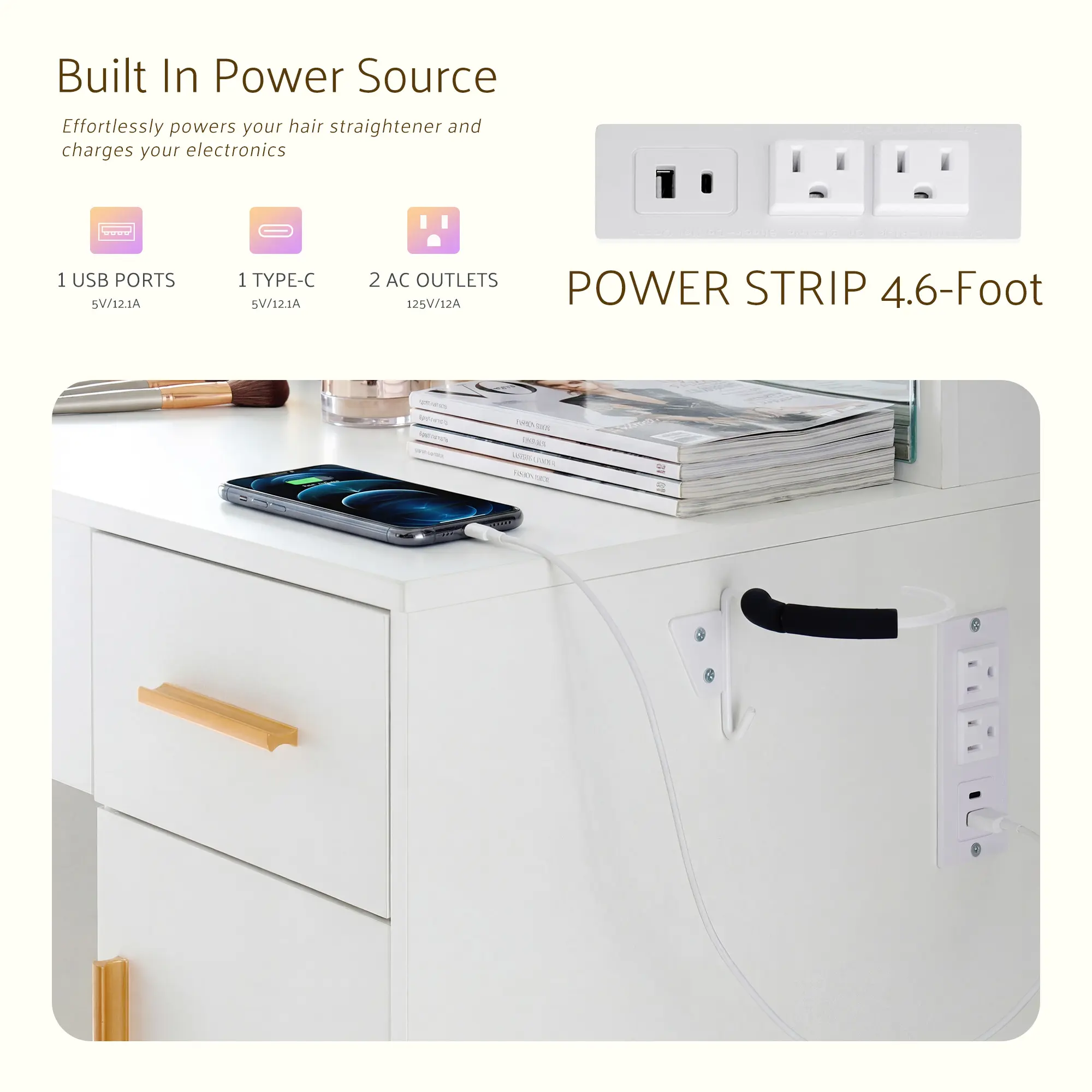 Tocador blanco con espejo iluminado y toma de corriente, tocador de maquillaje con 3 cajones y soporte, para dormitorio de chicas.