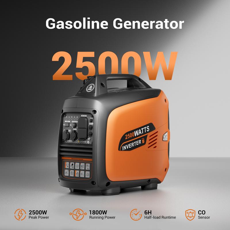 Generador inversor portátil de 2500 W a gas, generador de gas de larga duración para uso doméstico y camping, ultrasilencioso, con sensor de CO y compatible con la EPA.