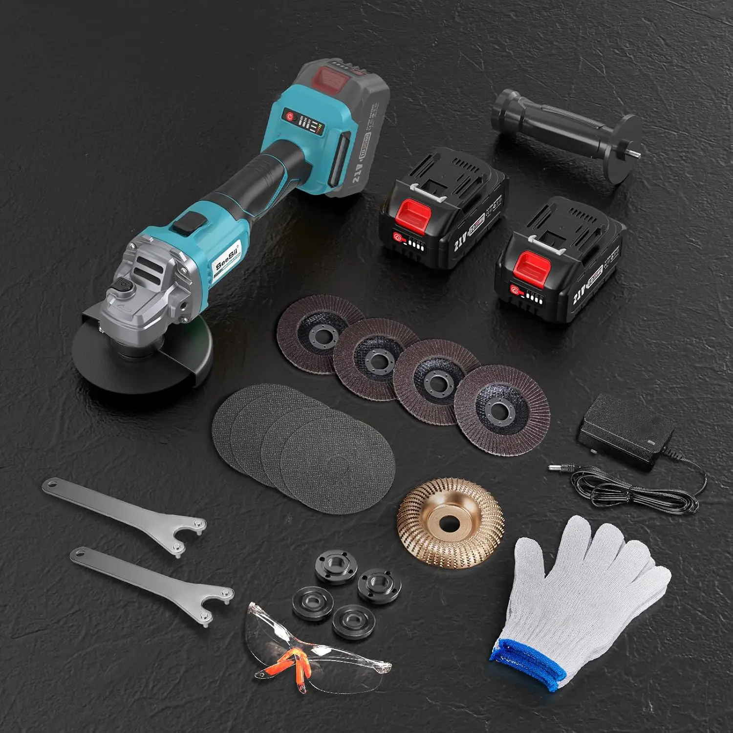 Kit de amoladora angular inalámbrica con 2 baterías de 4.0 Ah, amoladora eléctrica para metal sin escobillas de 10000 RPM, incluye disco de corte de 4-1/2", disco de láminas y disco de lana para corte y desbaste de precisión.