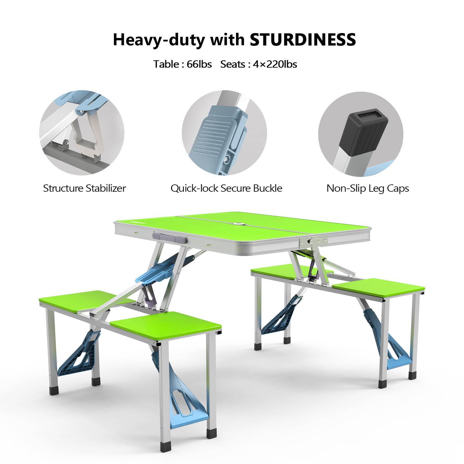 Ubesgoo 4Ft Portable Folding Picnic Table Camping Table Foldable Set with 4 Seats with Umbrella Hole Suitcase Card Table-220 Lbs Support Aluminum Frame, Plastic RV Tabletop for Yard, Travel