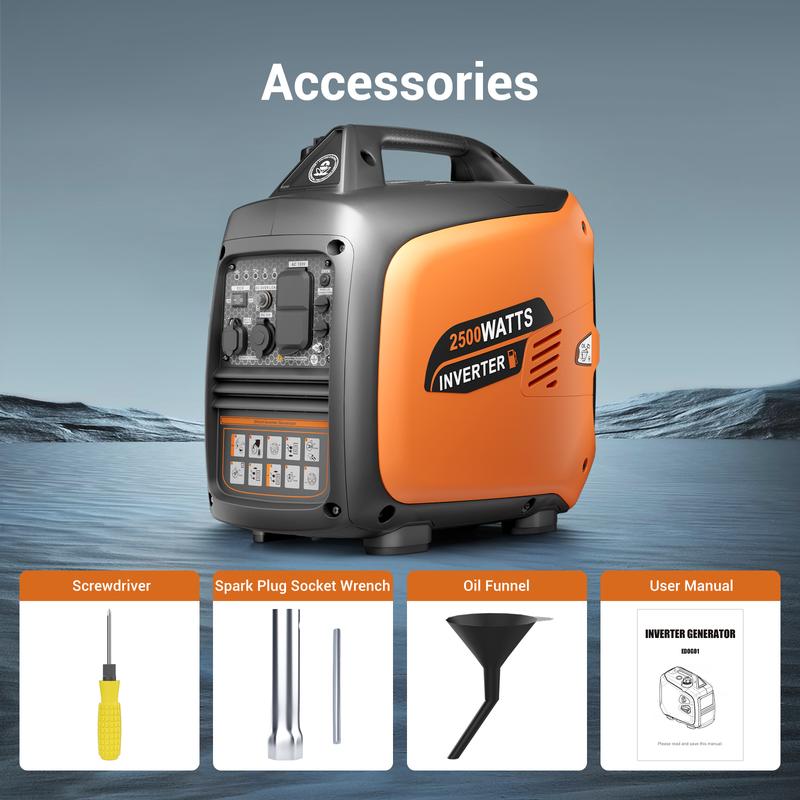 Generador inversor portátil de 2500 W a gas, generador de gas de larga duración para uso doméstico y camping, ultrasilencioso, con sensor de CO y compatible con la EPA.