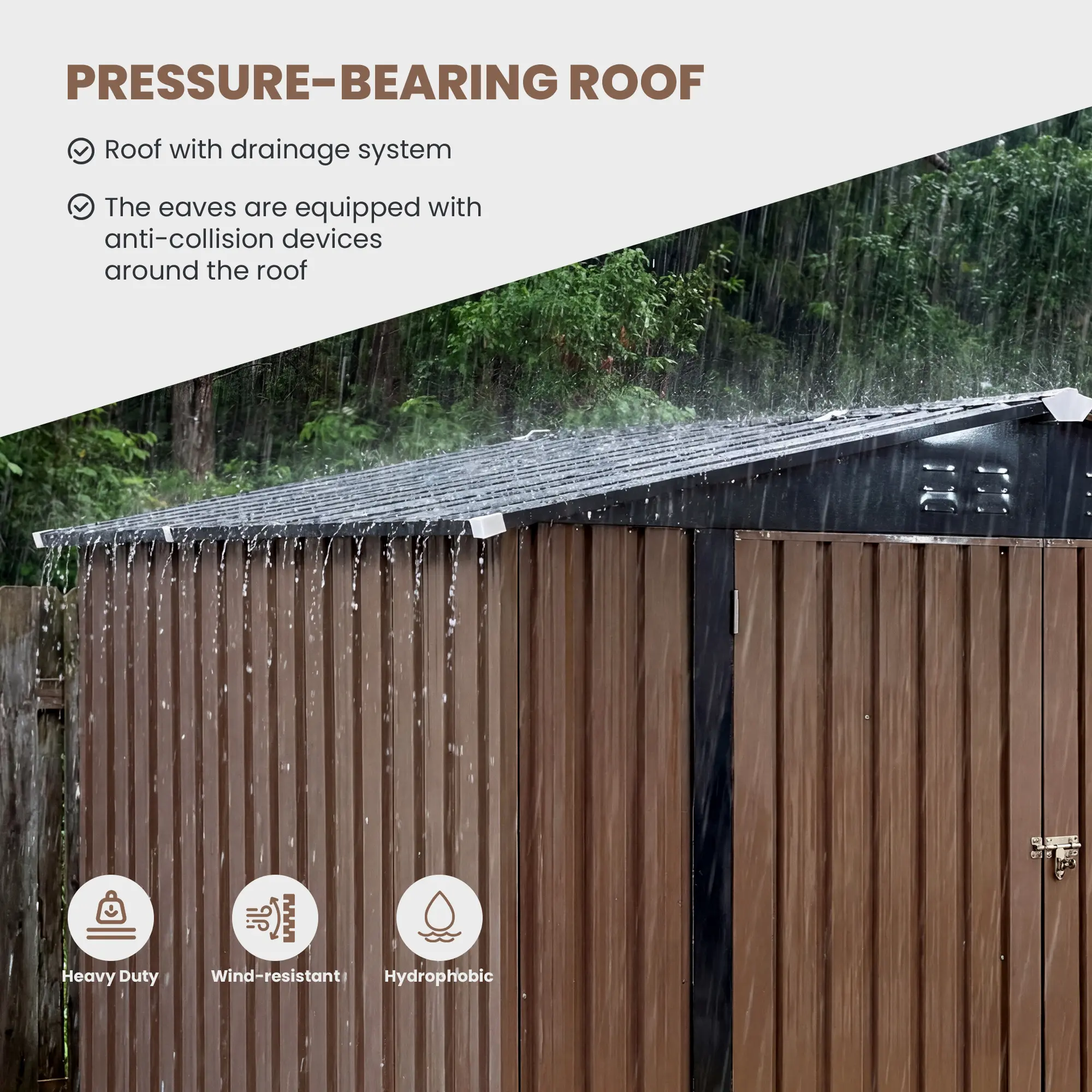 Caseta de almacenamiento metálica para exteriores de 6' x 8' con puerta con cerradura – Techo a dos aguas y acero galvanizado, color marrón
