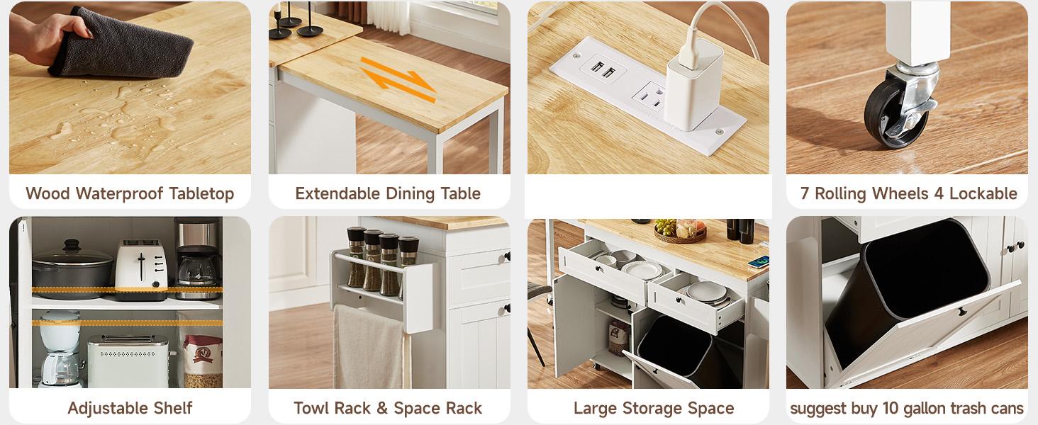 【SPRING GLOW UP】ONBRILL 60" / 81.7" Kitchen Island with Power Outlet & Drop Leaf, Kitchen Rolling Island with Spice Rack & Towel Rack, Knife Holder, Kitchen Island Cart with Trash Storage Cabinet, Mobile Island Table for Kitchen