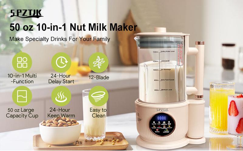 Nut milk maker, 10-in-1 self-made automatic plant, Soy, Almond, Oat, Coconut Milk, etc., multi-functional / 12-hour timer/automatic cleaning/room temperature/heat preservation/boiling/room temperature/soundproof cover Nut milk maker, 10-in-1 self-made automatic plant, Soy, Almond, Oat, Coconut Milk, etc., multi-functional / 12-hour timer/automatic cleaning/room temperature/heat preservation/boiling/room temperature/soundproof cover