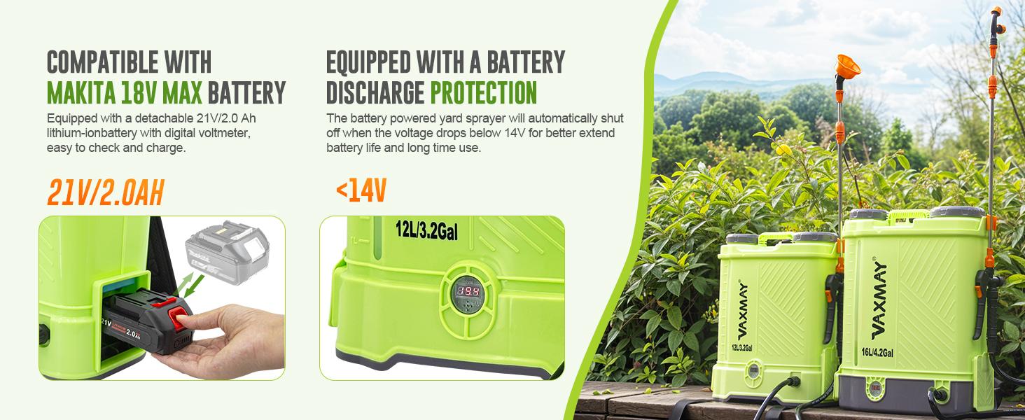 VAXMAY Battery Powered Backpack Sprayer 3.2 Gallon 80 PSI Electric Garden Sprayer Compatible with Makita 18V Battery 5 Nozzles 2.0 Ah Battery & Charger Included VAXMAY Battery Powered Backpack Sprayer 3.2 Gallon 80 PSI Electric Garden Sprayer Compatible with Makita 18V Battery 5 Nozzles 2.0 Ah Battery & Charger Included