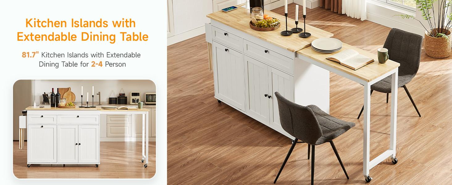 【SPRING GLOW UP】ONBRILL 60" / 81.7" Kitchen Island with Power Outlet & Drop Leaf, Kitchen Rolling Island with Spice Rack & Towel Rack, Knife Holder, Kitchen Island Cart with Trash Storage Cabinet, Mobile Island Table for Kitchen