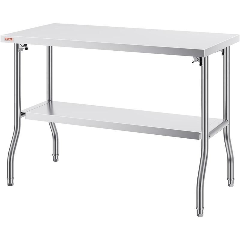 VEVOR Folding Commercial Prep Table, 48 x 24 Inch Commercial Worktable Workstation with Undershelf, Heavy-duty Stainless Steel Folding Table with 300 lbs Load, for Home Kitchen Restaurant Garage