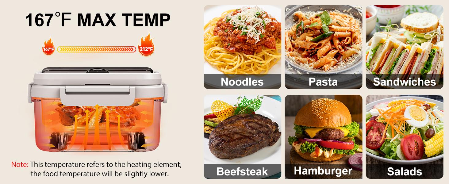 Cordless Electric Heated Lunch Box, 1.5L - 6.3Cups 20000mAh Rechargeable Battery Powered with Automatic Heating, Smart Timer, BPA Free,Including Spoon, Insulated Carry Bag, Removable Tray Divider
