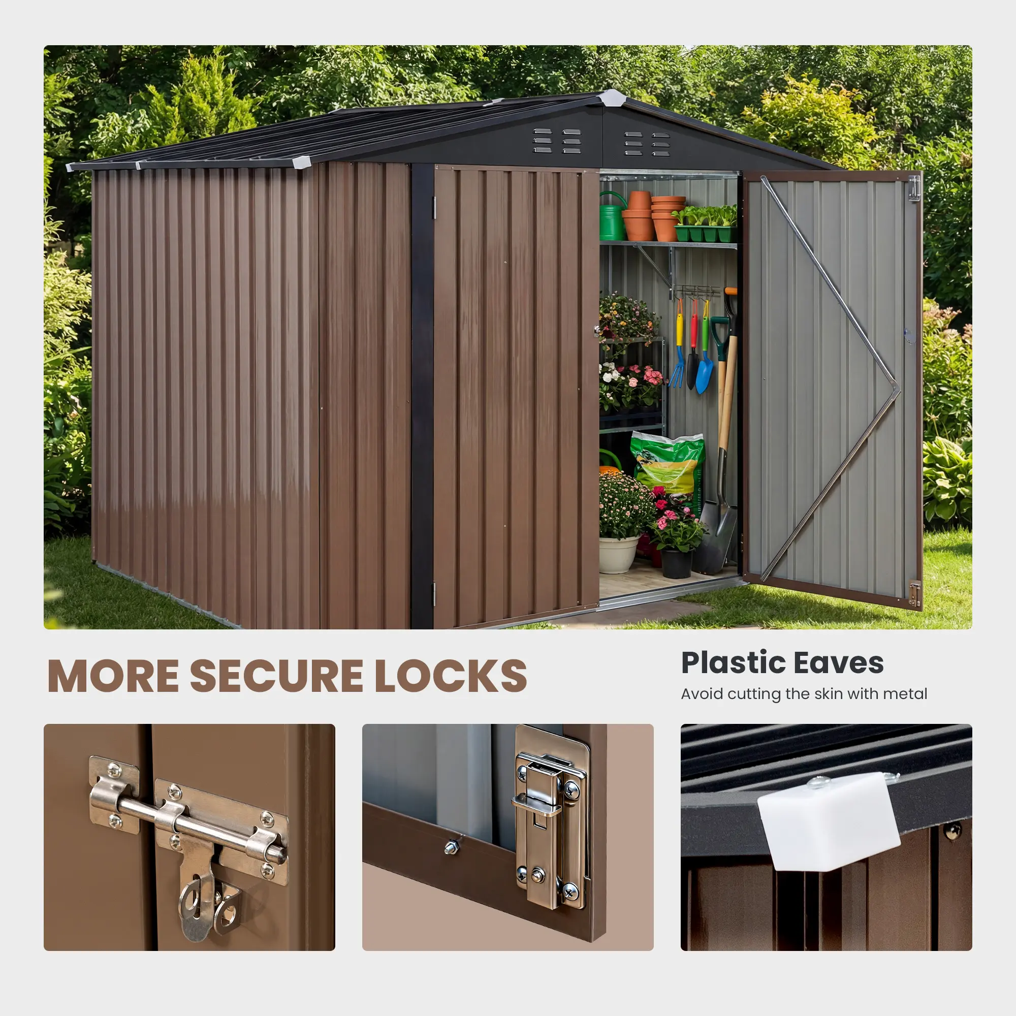 Caseta de almacenamiento metálica para exteriores de 6' x 8' con puerta con cerradura – Techo a dos aguas y acero galvanizado, color marrón