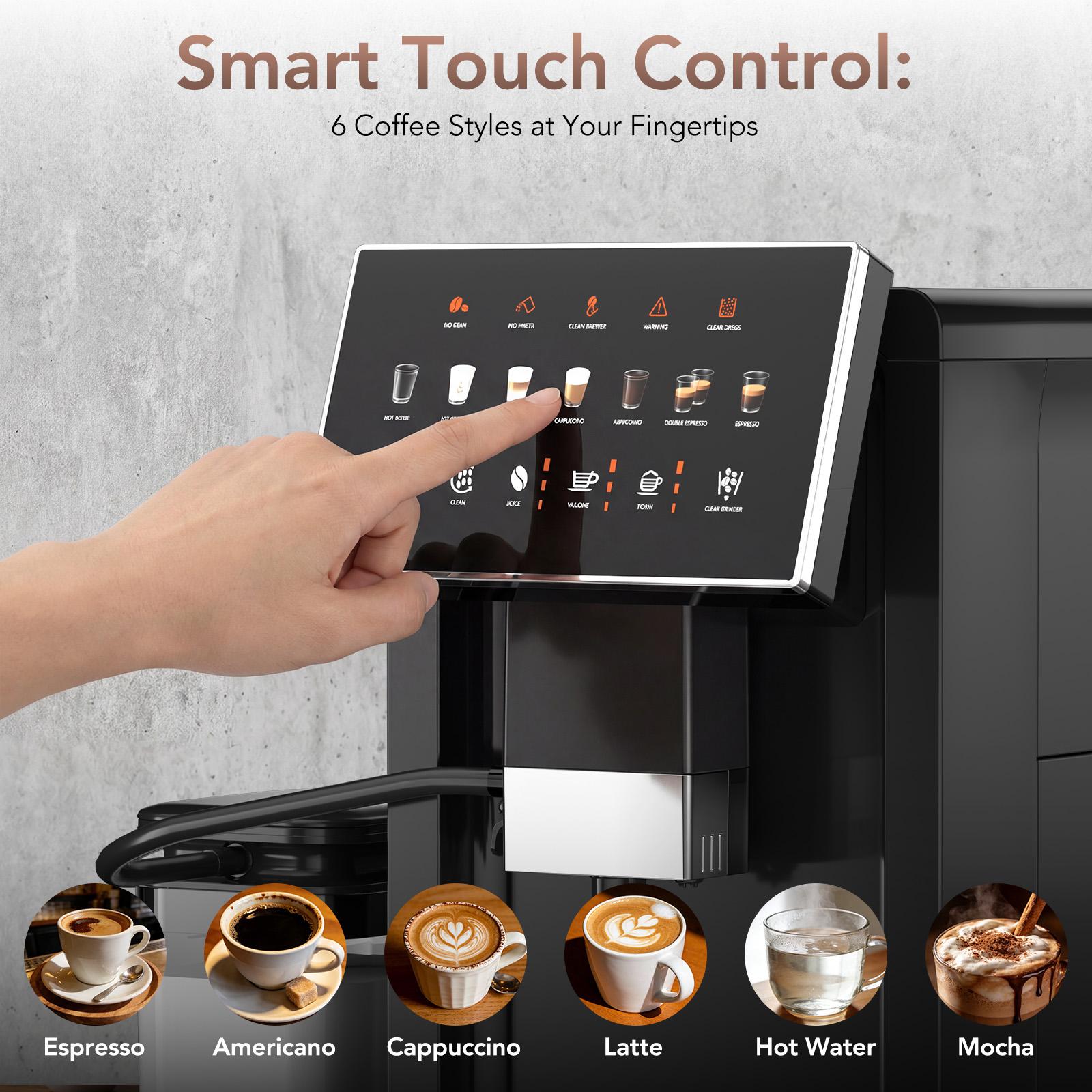COWSAR Touchscreen Coffee Machine with Automatic Milk Frother, All-in-One Smart Espresso Maker for Cappuccino & Latte, Built-in Conical Grinder & Intelligent Reminder, Removable Brewer & Water Tank (Black)