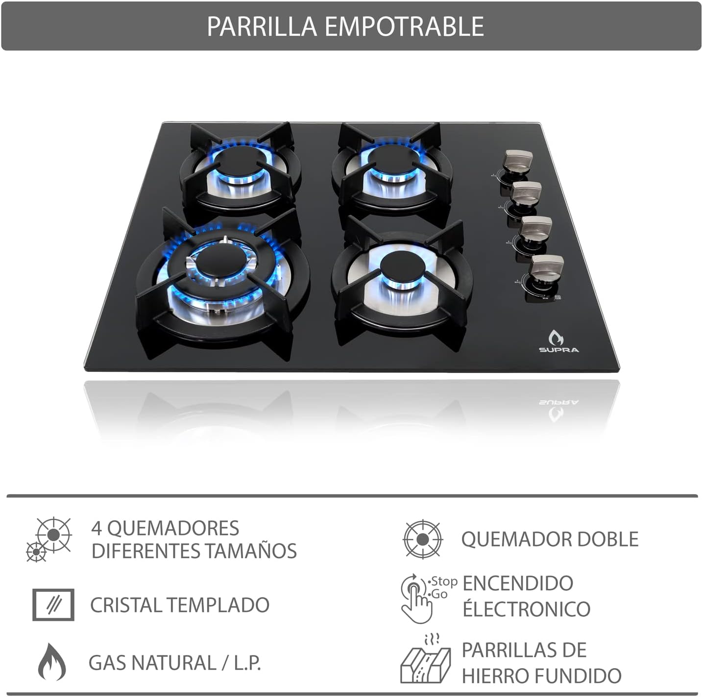 SUPRA Tricombo empotrable Grona, Parrilla a gas con 4 Q de 60 cm Mod. 4Q-EC-N, Parrilla eléctrica de inducción 2 Q Mod. DUE-V, Campana extractora tipo pared de 90 cm Mod. CC-90 BLACK