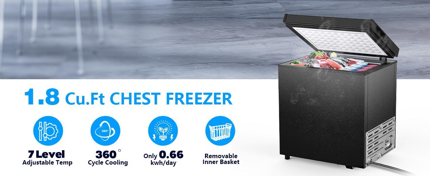 COWSAR 1.8 Cu.Ft Chest Freezer with Removable Basket and Bottom Defrost Water Drain Freestanding Top Open Door, Deep Freezer, Icebox, Cold Storage, Food Preservation, Mini Freezer with Adjustable 7 Thermostat for Home/Apartment, Black