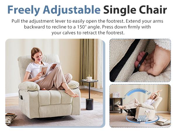 Rocker Recliner Chair, Swivel Recliner with Vibration Massage & Lumbar Heating, 270&deg; Rotating Chenille Fabric Recliner with footrest for Living Room & Bedroom