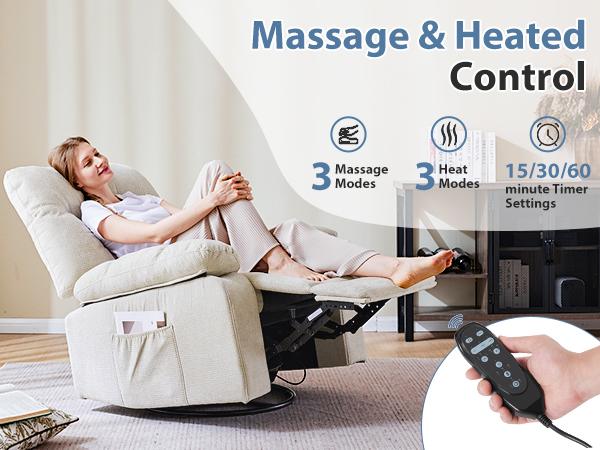 Rocker Recliner Chair, Swivel Recliner with Vibration Massage & Lumbar Heating, 270&deg; Rotating Chenille Fabric Recliner with footrest for Living Room & Bedroom