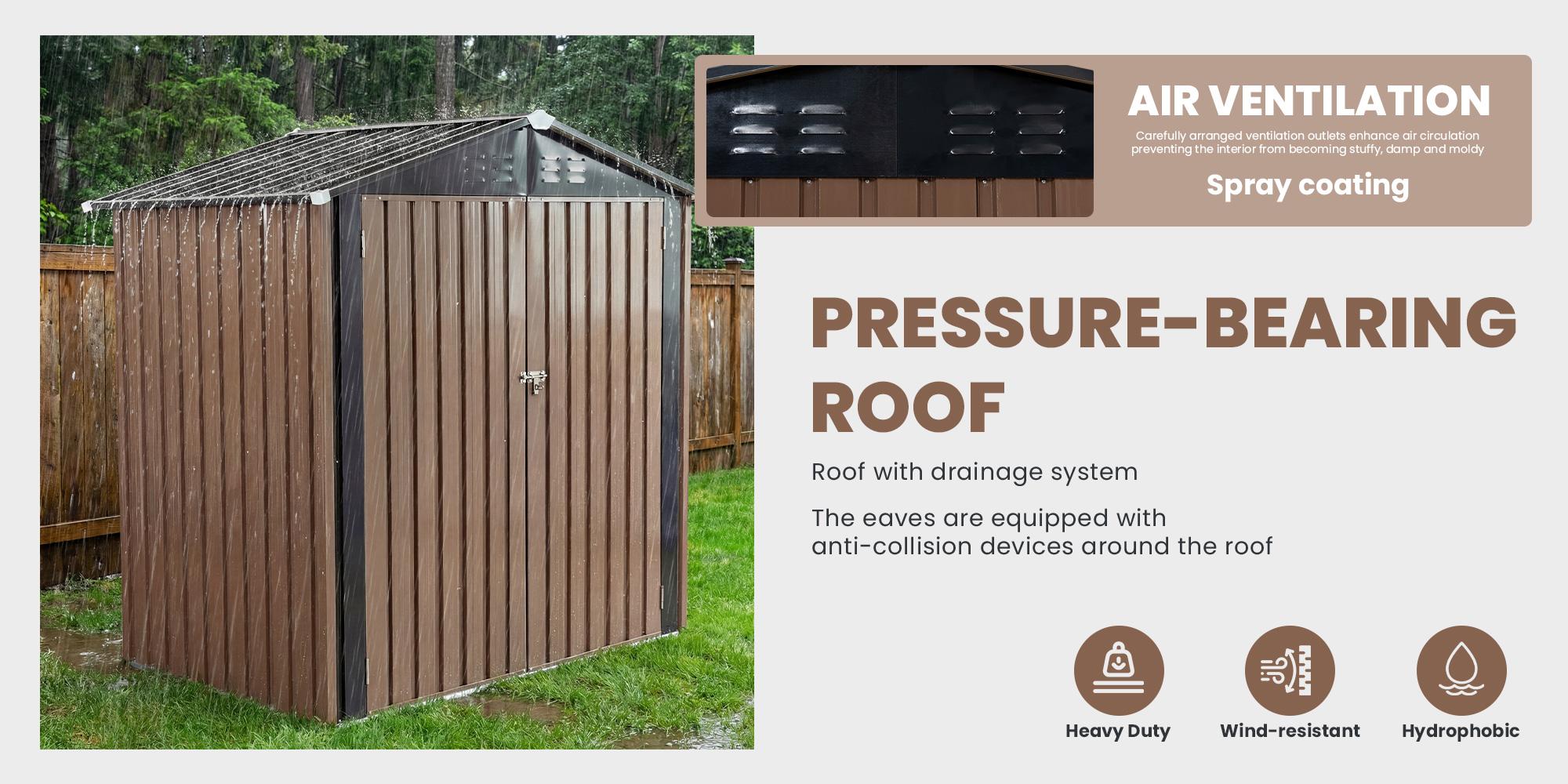 6' x 8' Outdoor Metal Storage Shed with Lockable Door &ndash; Gable Roof & Galvanized Steel, Brown