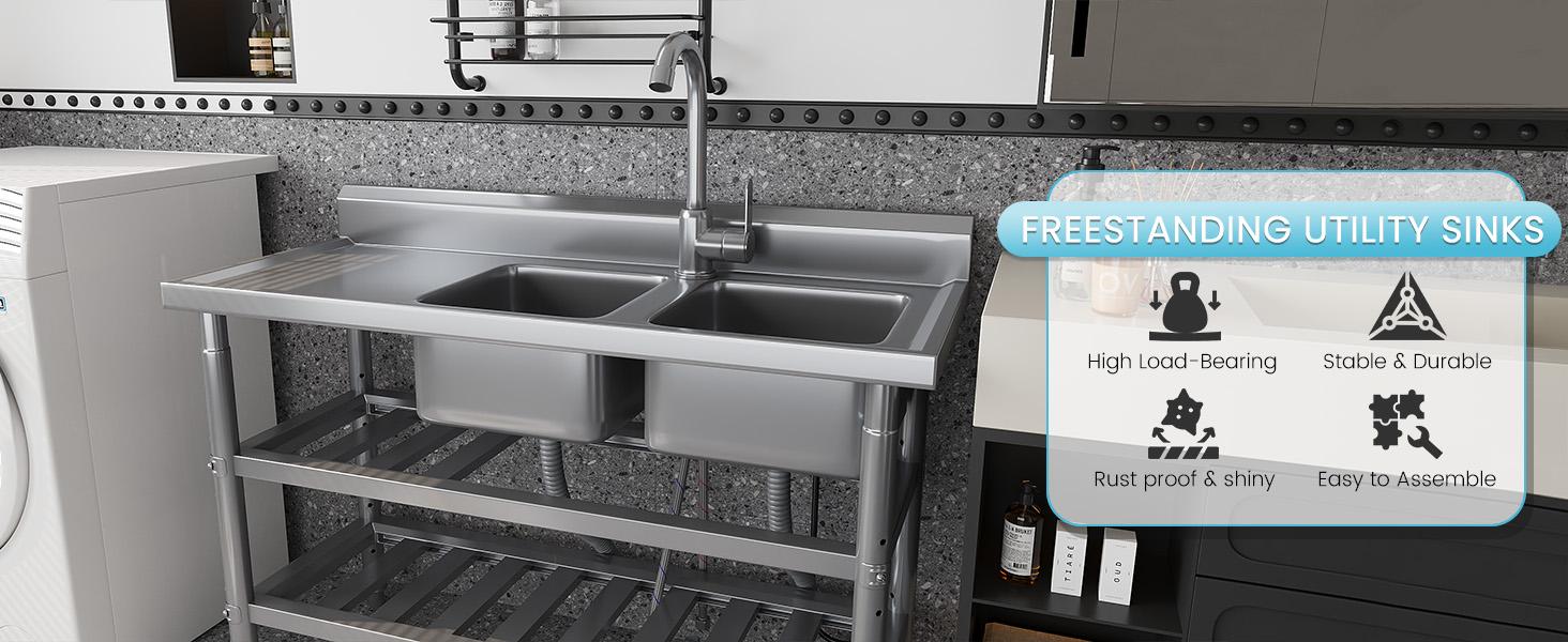 AECOJOY Stainless Steel Utility Sink Freestanding Outdoor Sink Station with Hose Hookup Small Tub for Garage Laundry Kitchen Farmhouse Practical Solution Organized Durability Compact Design
