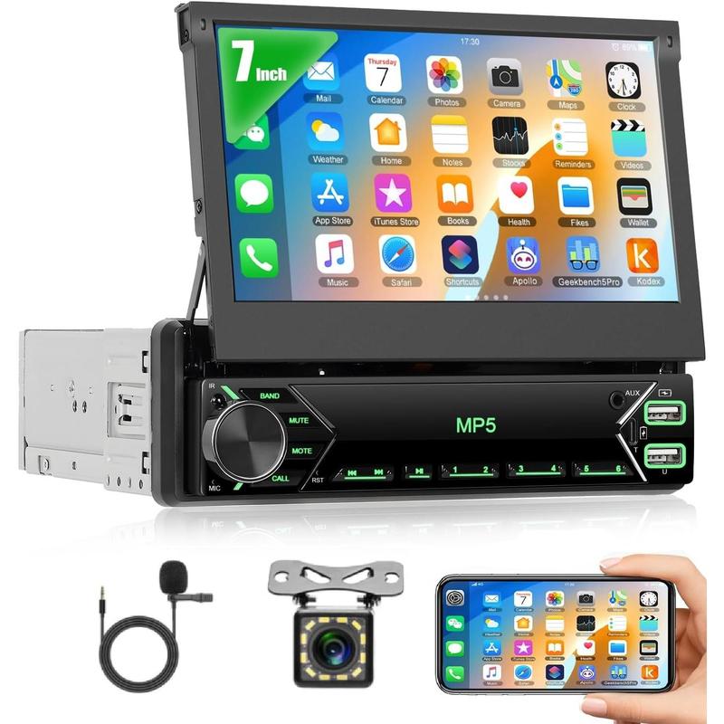 Autorradio de 1 DIN con pantalla táctil de 7 pulgadas, radio para coche con pantalla abatible, Bluetooth, radio FM, función Mirror Link para teléfonos Android/iOS, compatible con tarjetas TF/USB, incluye cámara y micrófono.