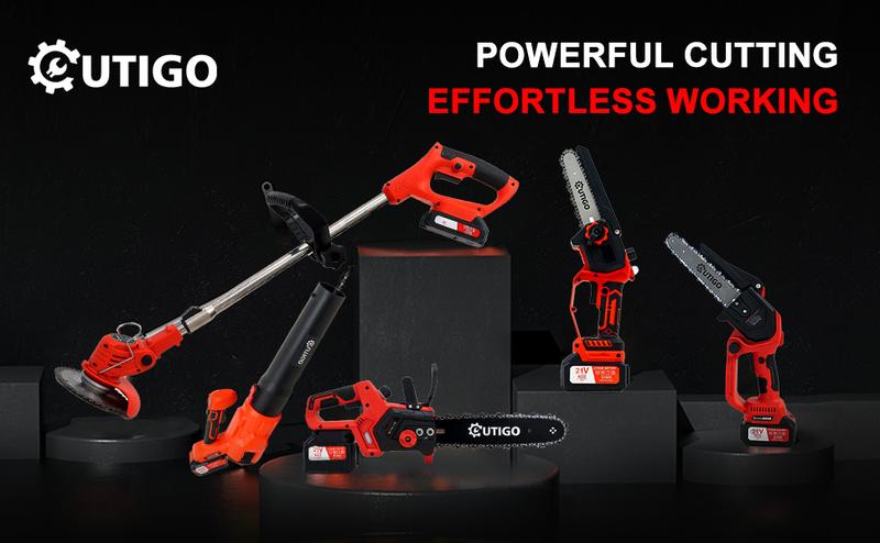 OUTIGO 21V Cordless Chainsaw with 2 Batteries 2 Chains Protective Gear and Charger Efficient Woodcutting Tool for Garden and Farm Use Heavy Duty Blade