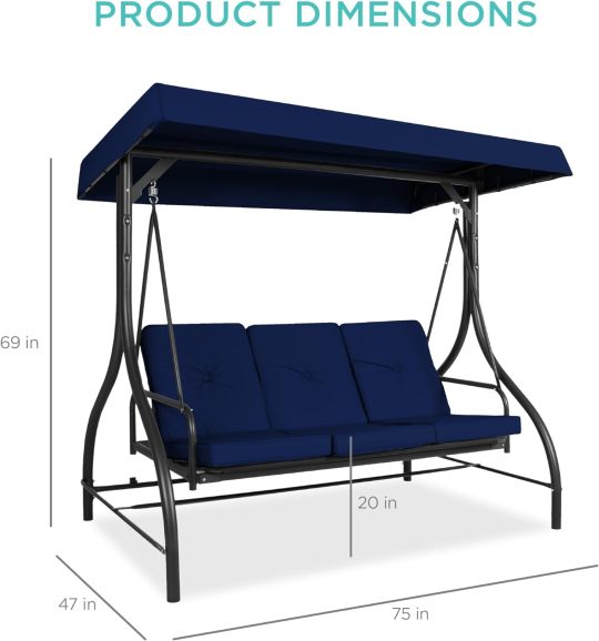 Best Choice Products Columpio con dosel convertible grande de 3 asientos para exteriores, hamaca para porche, patio trasero con cama plana, sombra ajustable, cojines extraíbles, color azul marino