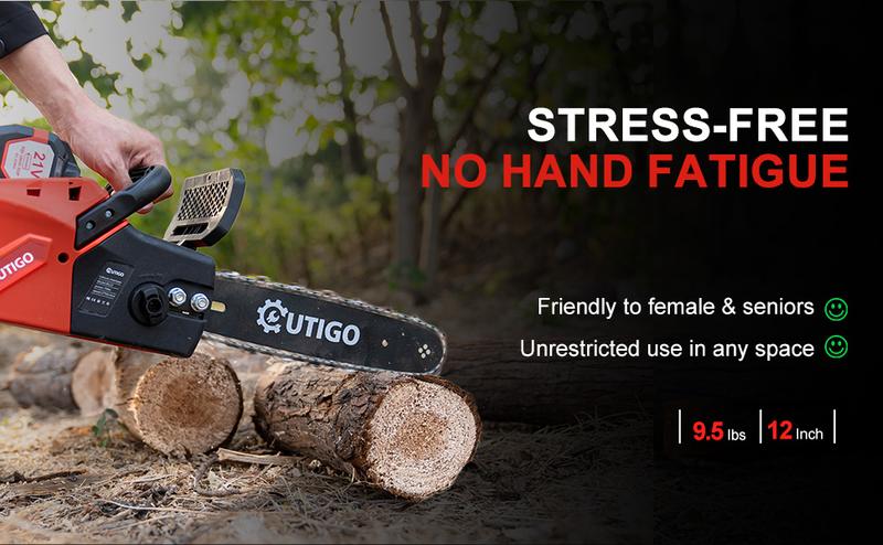 OUTIGO 21V Cordless Chainsaw with 2 Batteries 2 Chains Protective Gear and Charger Efficient Woodcutting Tool for Garden and Farm Use Heavy Duty Blade