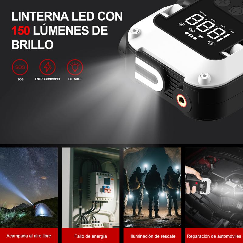 Arrancador de Batería Portátil 9000A con Inflador 150 PSI, Compresor y Cargador 12V 26800mAh