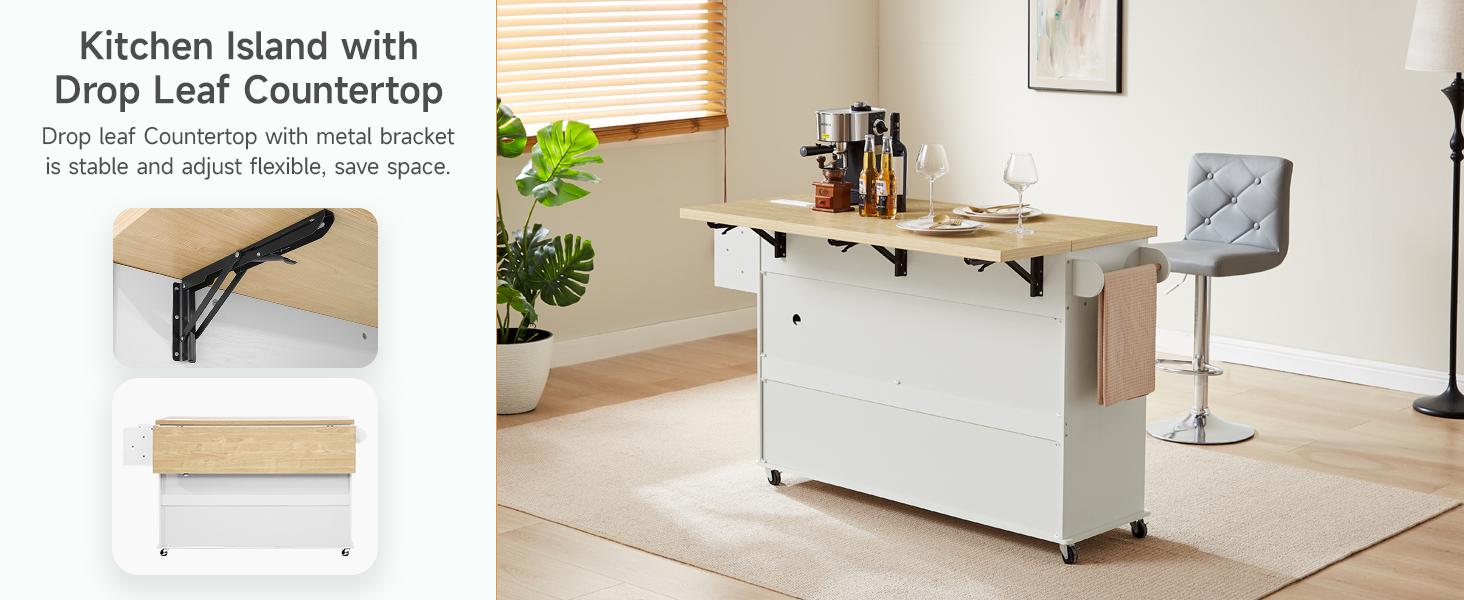 【SPRING GLOW UP】ONBRILL 60" / 81.7" Kitchen Island with Power Outlet & Drop Leaf, Kitchen Rolling Island with Spice Rack & Towel Rack, Knife Holder, Kitchen Island Cart with Trash Storage Cabinet, Mobile Island Table for Kitchen