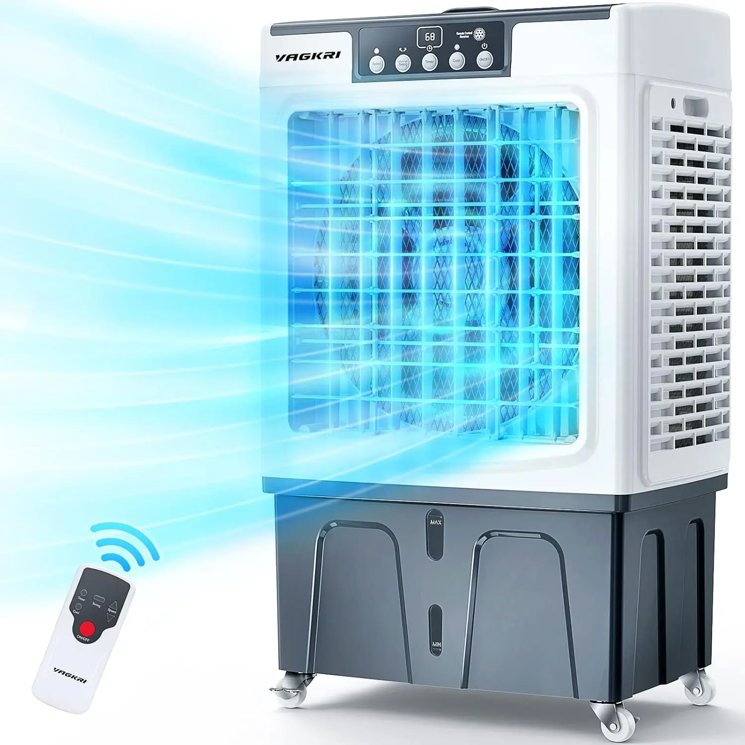 Enfriador de aire evaporativo (Swamp Cooler), 2800-3100 CFM, con oscilación de 120°, control remoto, temporizador de 24 horas y 3 modos/velocidades de viento; ideal para uso en interiores y exteriores, capacidad de 9.2 galones.