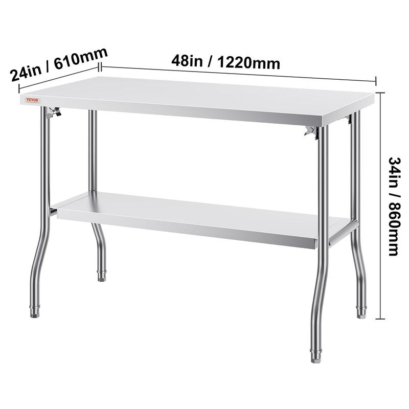 VEVOR Folding Commercial Prep Table, 48 x 24 Inch Commercial Worktable Workstation with Undershelf, Heavy-duty Stainless Steel Folding Table with 300 lbs Load, for Home Kitchen Restaurant Garage