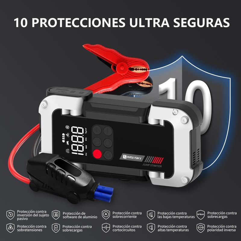 Arrancador de Batería Portátil 9000A con Inflador 150 PSI, Compresor y Cargador 12V 26800mAh