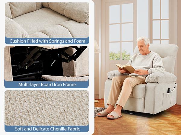 Rocker Recliner Chair, Swivel Recliner with Vibration Massage & Lumbar Heating, 270&deg; Rotating Chenille Fabric Recliner with footrest for Living Room & Bedroom