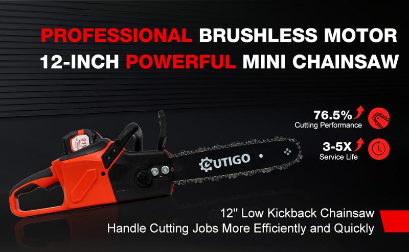 OUTIGO 21V Cordless Chainsaw with 2 Batteries 2 Chains Protective Gear and Charger Efficient Woodcutting Tool for Garden and Farm Use Heavy Duty Blade
