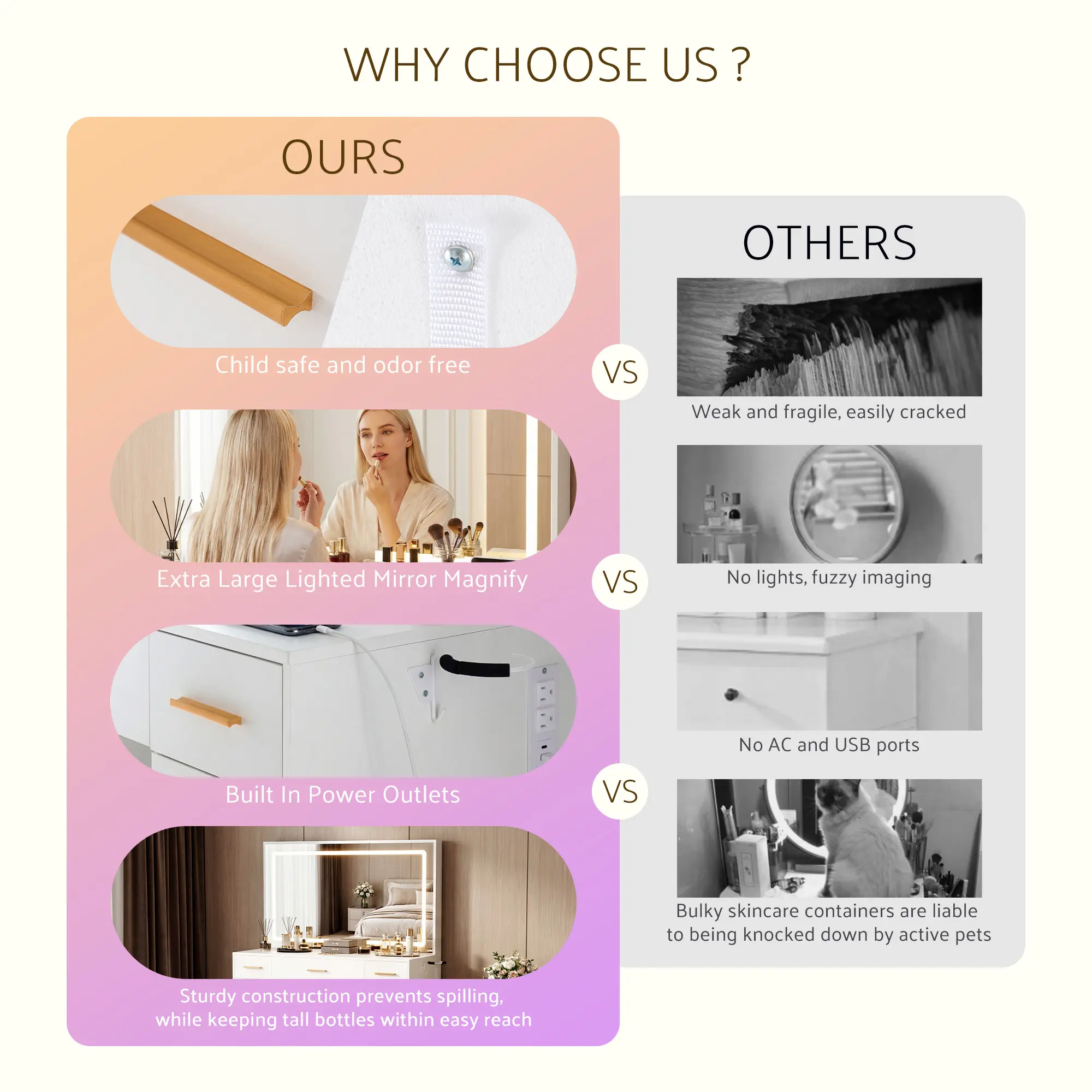 Tocador blanco con espejo iluminado y toma de corriente, tocador de maquillaje con 3 cajones y soporte, para dormitorio de chicas.