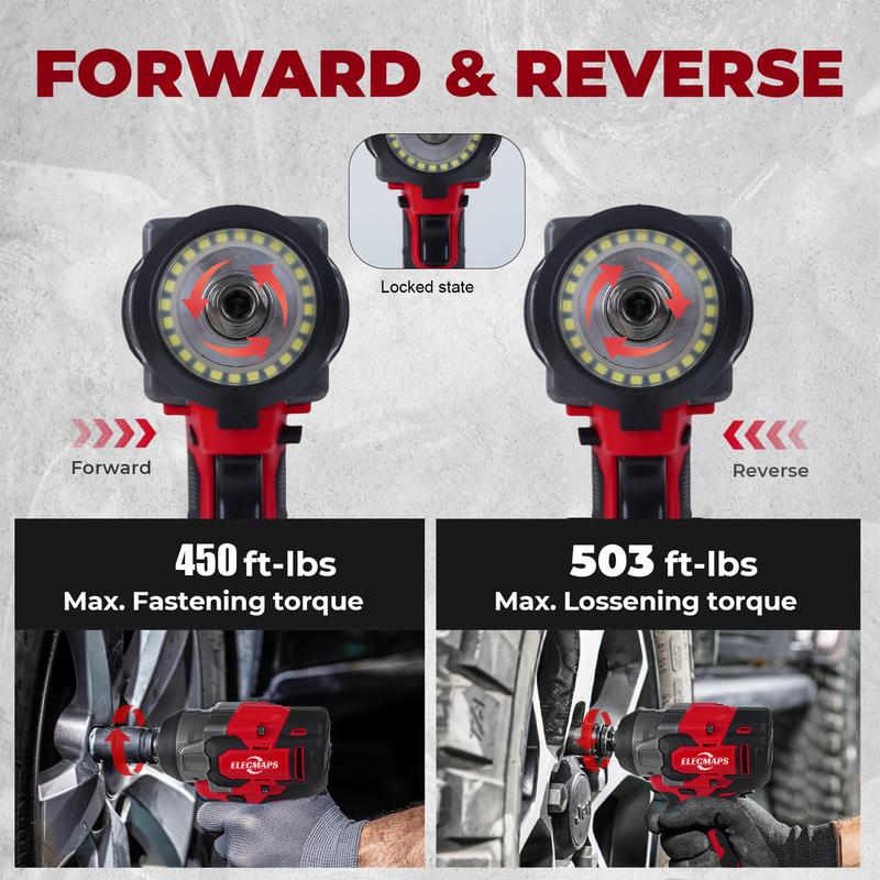 3-in-1 Cordless Brushless Impact Wrench &ndash; 450N High Torque Power Tool Perfect for Car Repair, Home DIY & Construction | Red & Black Design