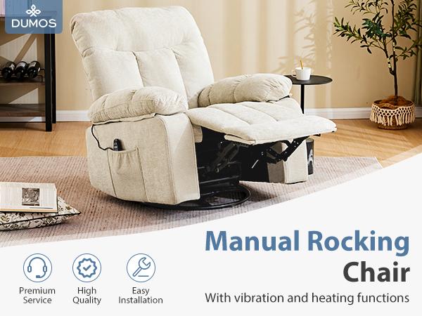 Rocker Recliner Chair, Swivel Recliner with Vibration Massage & Lumbar Heating, 270&deg; Rotating Chenille Fabric Recliner with footrest for Living Room & Bedroom
