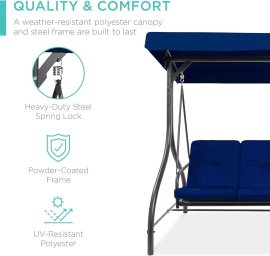 Best Choice Products Columpio con dosel convertible grande de 3 asientos para exteriores, hamaca para porche, patio trasero con cama plana, sombra ajustable, cojines extraíbles, color azul marino