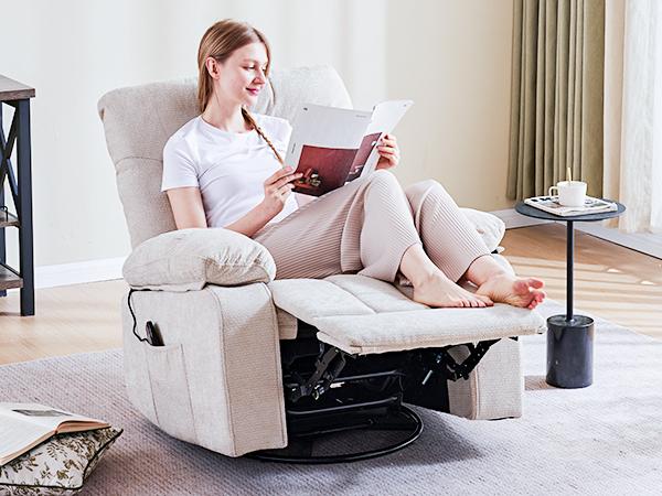 Rocker Recliner Chair, Swivel Recliner with Vibration Massage & Lumbar Heating, 270&deg; Rotating Chenille Fabric Recliner with footrest for Living Room & Bedroom