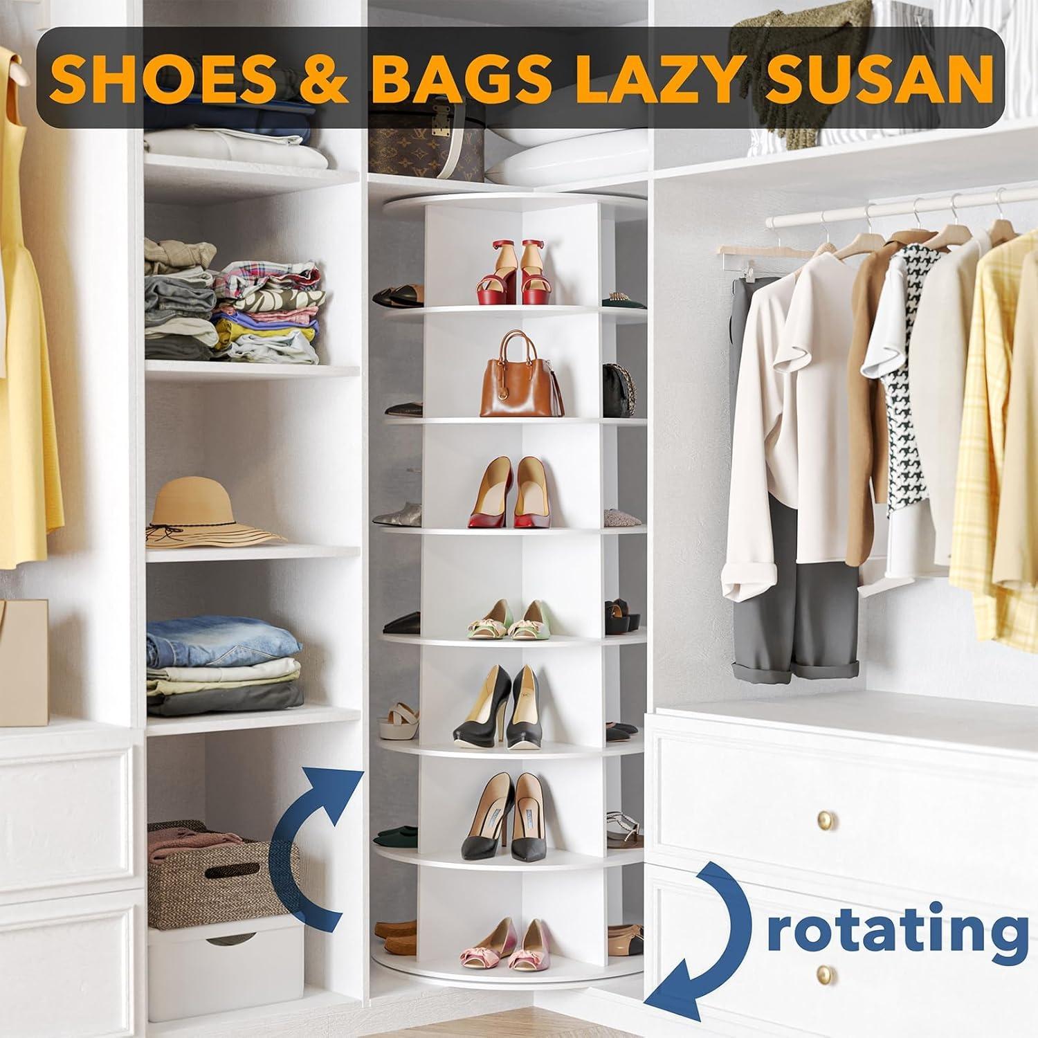 7 Tiers Rotating Shoe Rack Tower, 360° Spinning Shoe Rack, Revolving Storage Round Carousel Display, Freestanding Lazy Susan Organizer Display for Bedroom, Living Room, Entryway, Closet, White