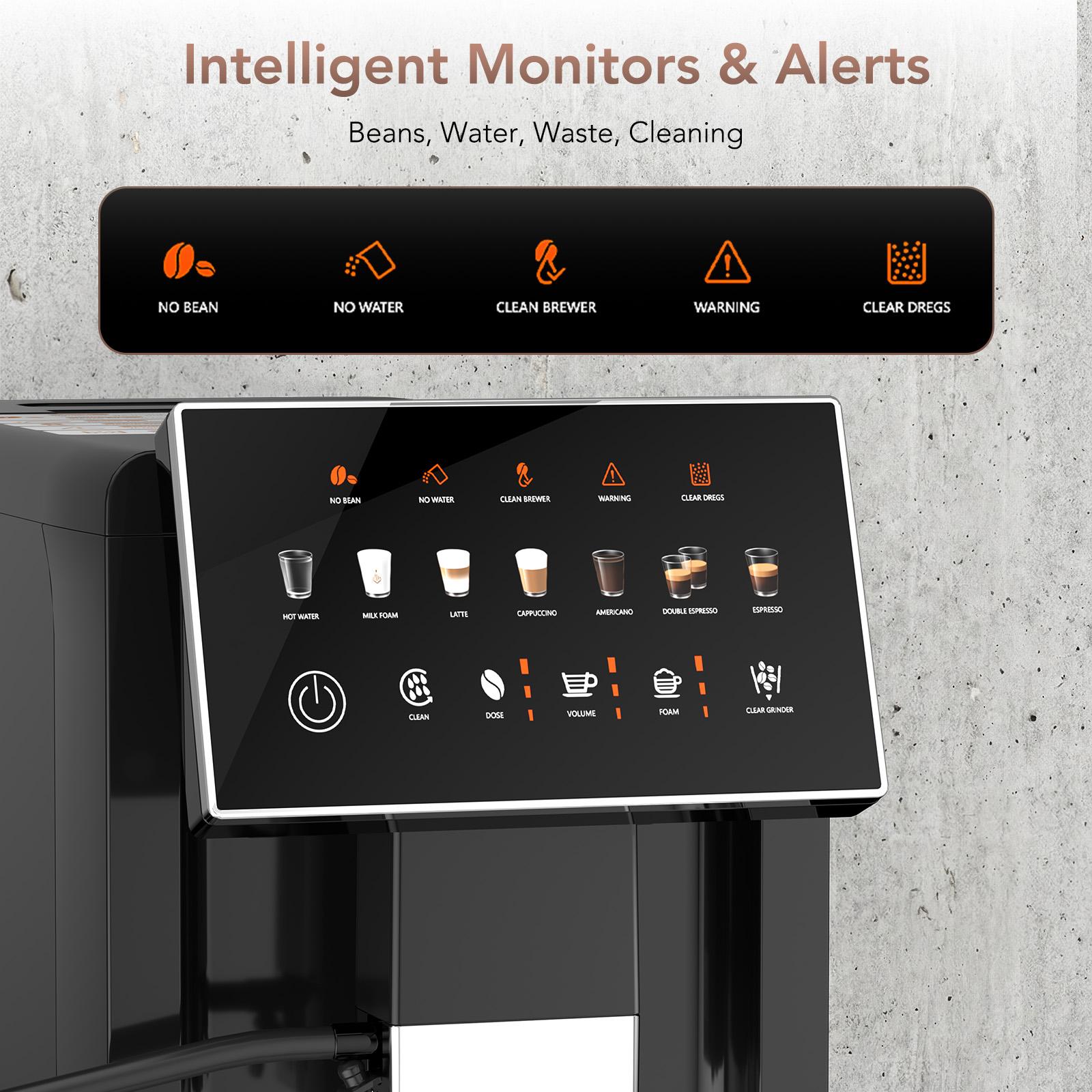 COWSAR Touchscreen Coffee Machine with Automatic Milk Frother, All-in-One Smart Espresso Maker for Cappuccino & Latte, Built-in Conical Grinder & Intelligent Reminder, Removable Brewer & Water Tank (Black)