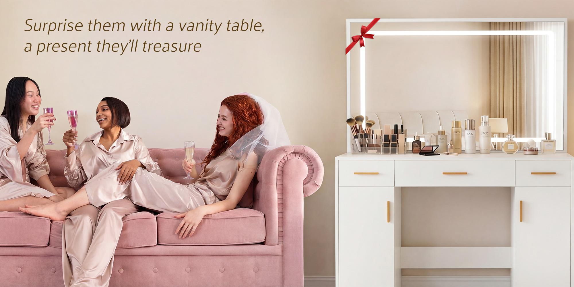 White Vanity Desk with Lighted Mirror & Power Outlet, Makeup Vanity with 3 Drawers, Holder for Bedroom Girls