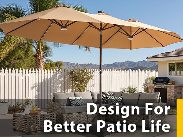 HOOOWOOO 15FT Solar LED Patio Umbrella with Base & Crank - Outdoor Market Umbrella for Garden, Deck, Backyard, Pool, Beach - Durable Water-Resistant Fabric, Adjustable Lighted Umbrella