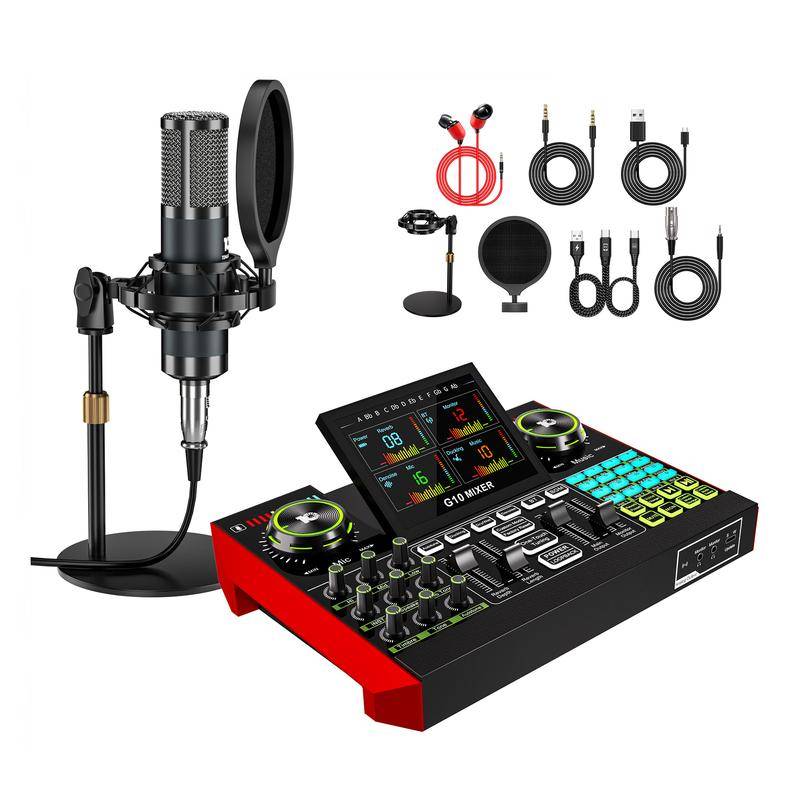 Kit de tarjeta de sonido de mezcla Tenlamp G10-P15, efectos de sonido personalizables, reducción de ruido de dos niveles, equipado con un micrófono de condensador, adecuado para transmisión en vivo, juegos, canto, podcasting y más.