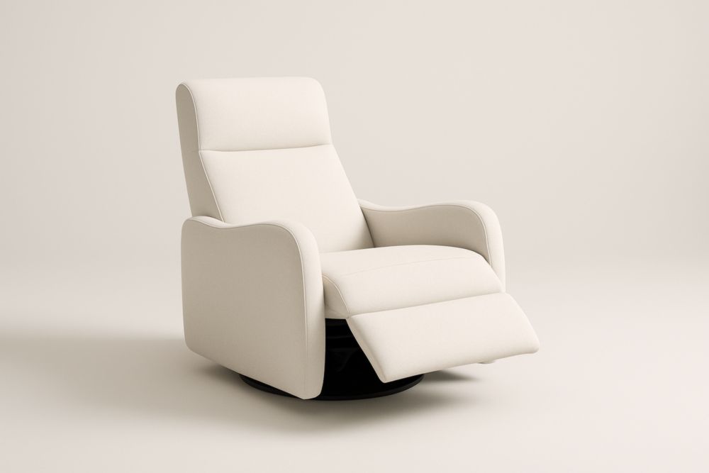 Poltrona reclinabile in tessuto beige con poggiapiedi e base girevole