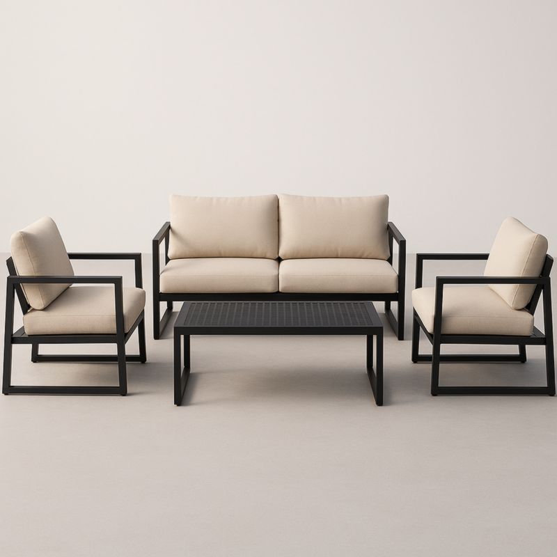 Set salotto da esterno in alluminio nero e cuscini crema in poliestere