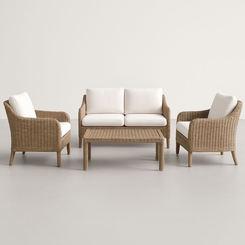 Set da Giardino 4 pezzi Rattan Sintetico Beige con Cuscini Bianchi