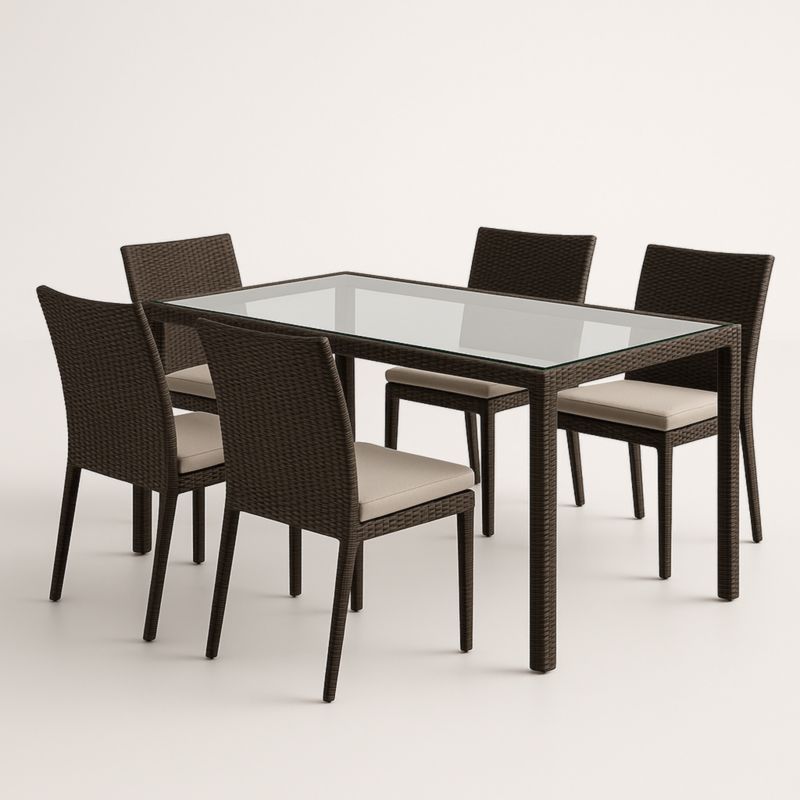 Set Tavolo da Pranzo in Rattan con 5Sedie e Vetro Temperato