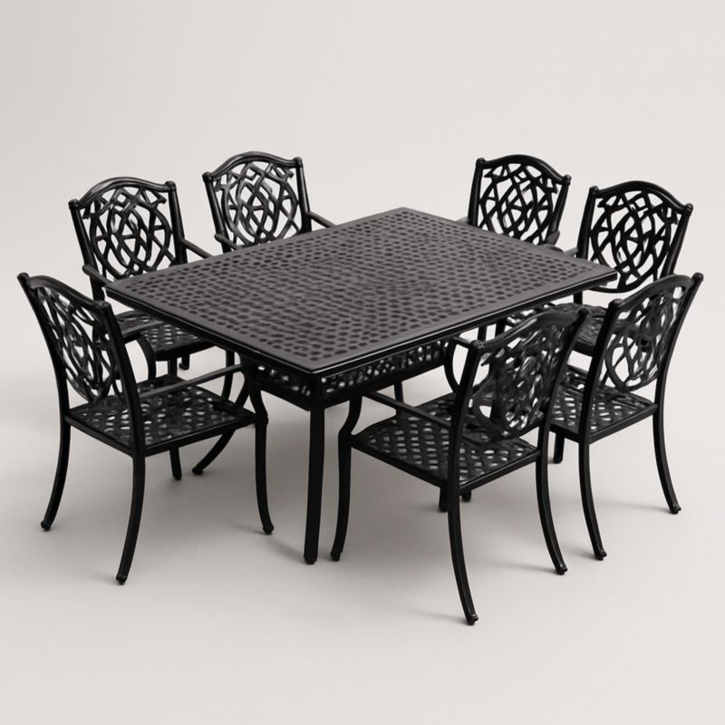 Set tavolo rettangolare e 7 sedie in alluminio nero per esterno